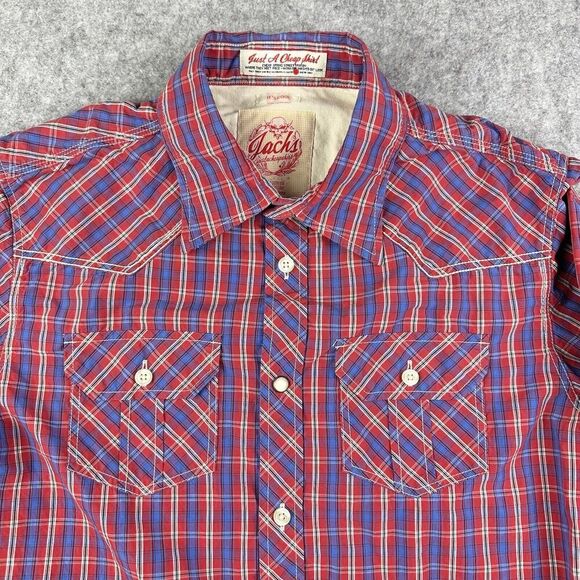 JACHS Other - Jachs Western Shirt Mens S Red Blue Plaid Button Roll Tab Cowboy Rodeo Pockets